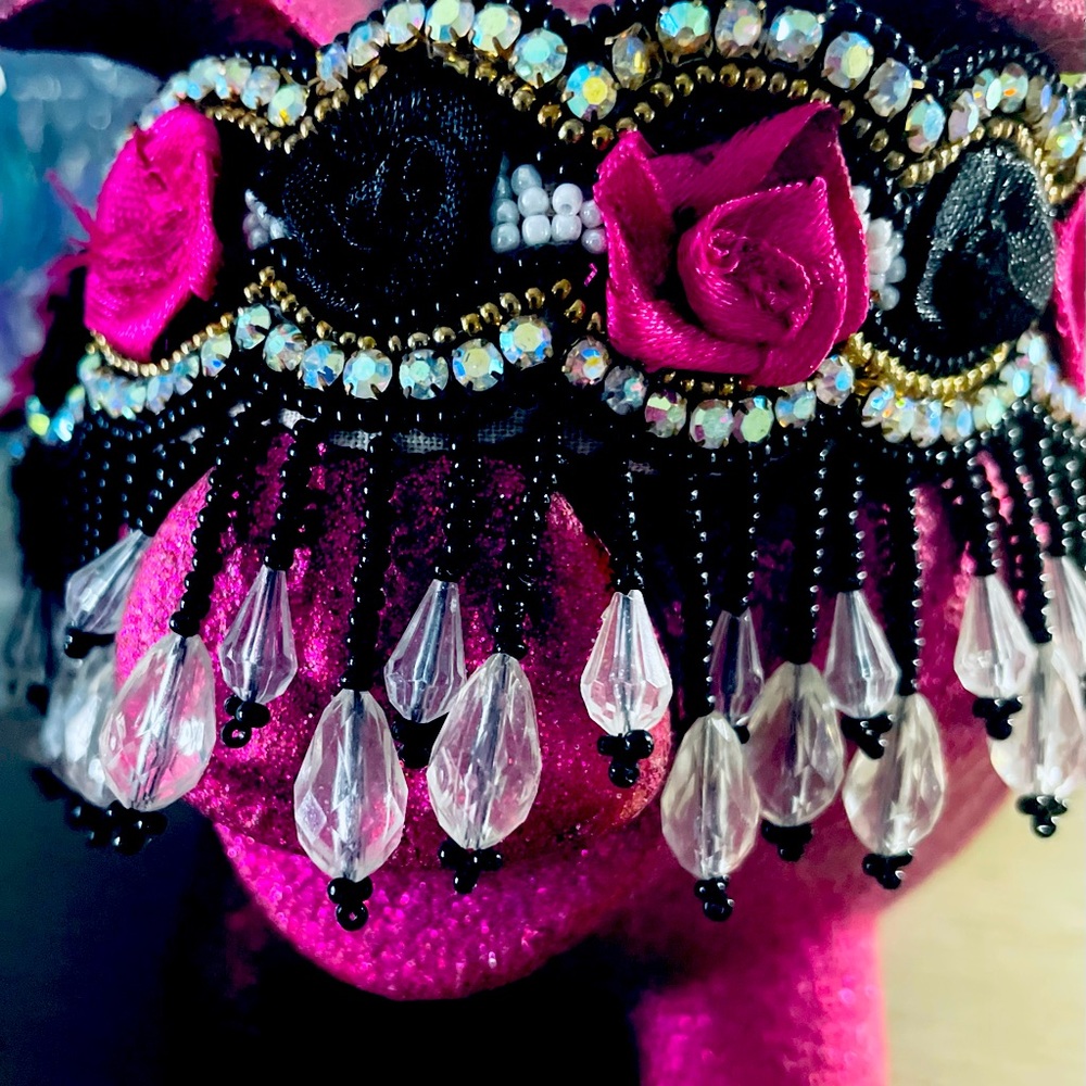2piece Fuchsia Roses🌹 STATEMENT choker blk pink, fabric, beads, rhinestones NWT